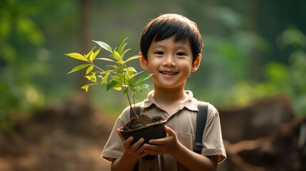 Group photo of children or girl now single boy Asian people plant small trees together. It is considered to instill a good conscience in knowing how to take care of the plants. Preserve nature and sav - obrazy, fototapety, plakaty