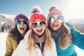 Three beautiful happy young women with sunglasses and winter clothing having fun in ski resort Kopaonik, winter holiday concept.