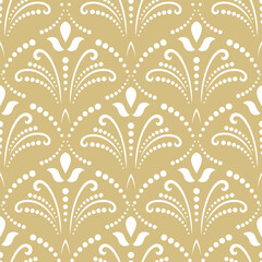 Floral ornament. Seamless abstract classic background with flowers. Golden and white pattern with repeating floral elements. Ornament for fabric, wallpaper and packaging