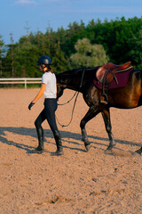 A helmeted rider leads her beautiful black horse by the harness in the riding arena during a...