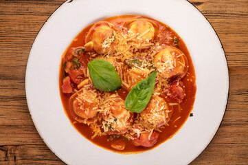 Traditional gourmet pasta flat lay. Overhead view of a plate of pasta with delicious sauce. Italian food concept. traditional pasta