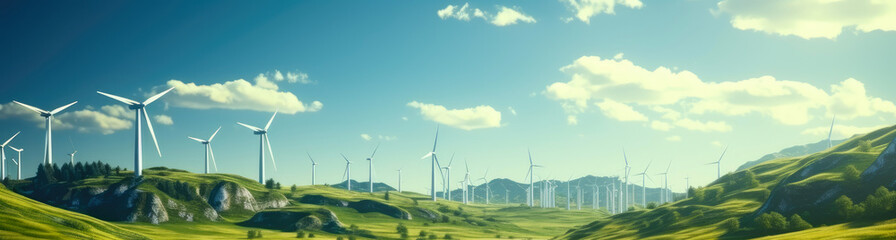 Green energy concept. Wind turbines against the backdrop of a green landscape and blue sky.