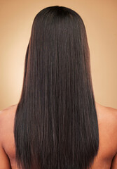 Hair, woman and back, beauty and cosmetics with shampoo and keratin treatment shine isolated on...