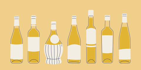 Set of bottles with white wine of various shapes and sizes. Classic shaped glass wine bottles. Isolated illustrations for wine design, menus, stickers, etc.