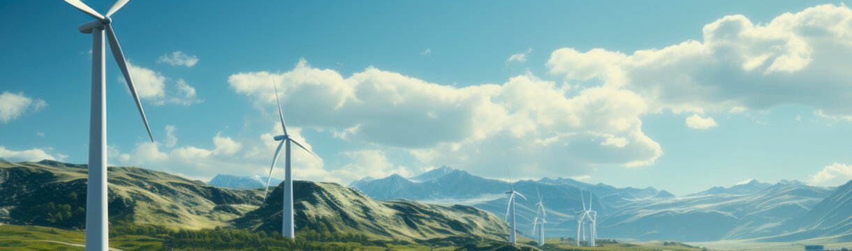 Green energy concept. Wind turbines against the backdrop of a green landscape and blue sky.