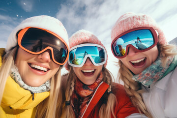 Three beautiful happy young women with sunglasses and ski equipment having fun in ski resort Bukovel, winter holiday concept.