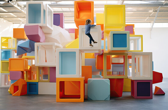 Child Climbing On Cubes Set Play Structure Ai Generated