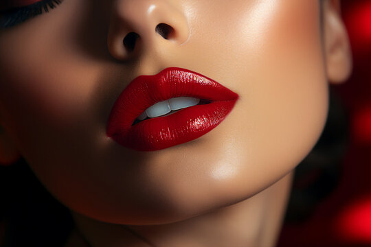 Close up of lips with bright lipstick Beautiful woman face make up cosmetics AI generative picture