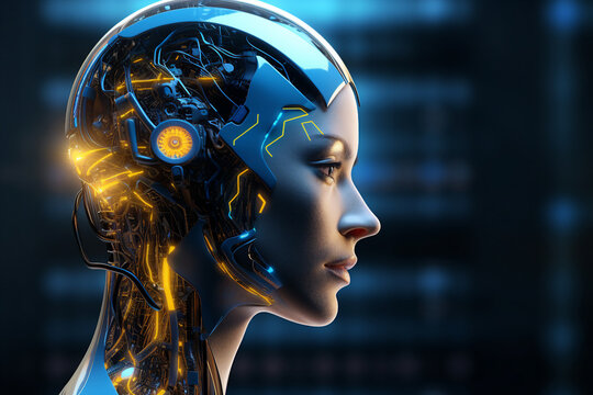 Generative ai collage of female humanoid robot invention on dark black background