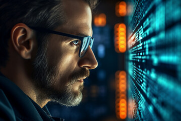 Generative ai collage photo of professional programmer working on binary code javascript