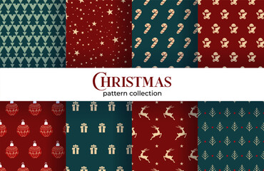 Vector Set of simple Seamless Christmas and New Year`s patterns. Winter and Christmas elements on a dark background. Wrap for gifts.  