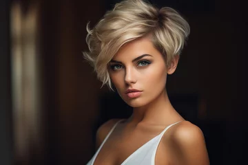 Foto op Plexiglas Generative AI picture portrait of young beautiful woman with short haircut styling © deagreez