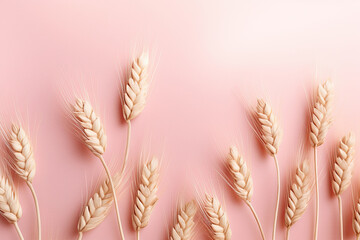 Golden wheat stalks on pink background ai generated