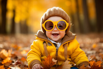 Generative AI photo of cheerful adorable kid having fun walking park golden season orange yellow leaves blurred background