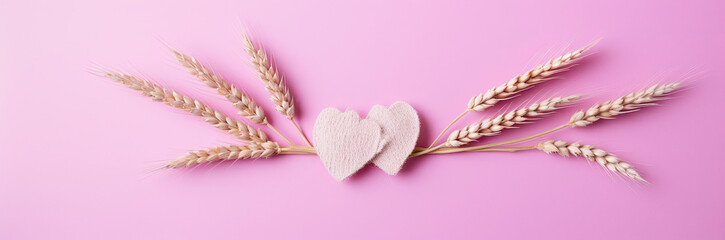 Golden wheat stalks on pink background banner ai generated
