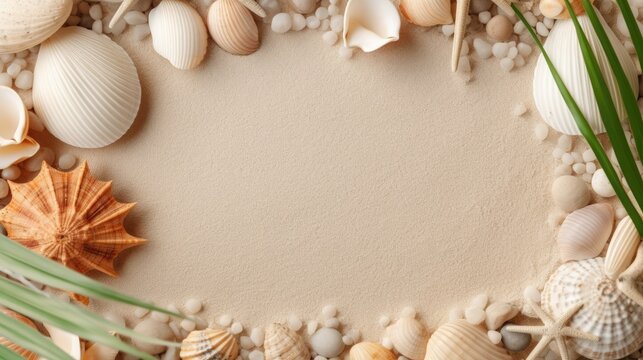 Top view of a sandy beach with collection of white and beige seashells and starfish as natural textured background. Generative AI