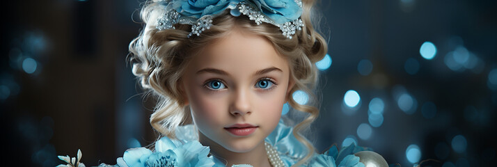 Wunderschönes Mädchen Gesicht mit blauen Blumenkranz und glanzvollen Diadem im Lichter Bokeh im Querformat als Banner, ai generativ