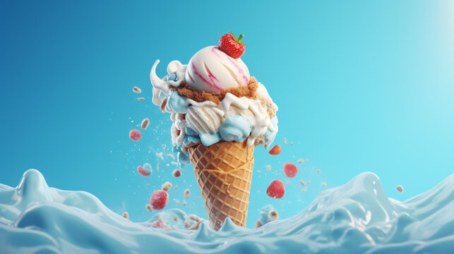Tasty ice cream with fruits on blue background
