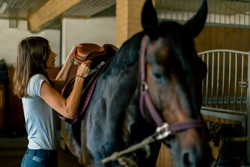 Fototapeta na wymiar A rider puts a saddle on her black horse in the stables in preparation for the race equestrian concept 