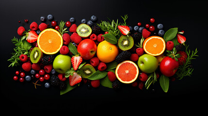 Image of fresh fruits in a studio. Dark background, Top view - obrazy, fototapety, plakaty