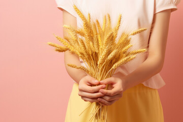 Woman holding wheat ears on soft pink background organic concept ai generated