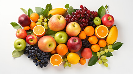 Image of fresh fruits in a studio. White background, Top view - obrazy, fototapety, plakaty