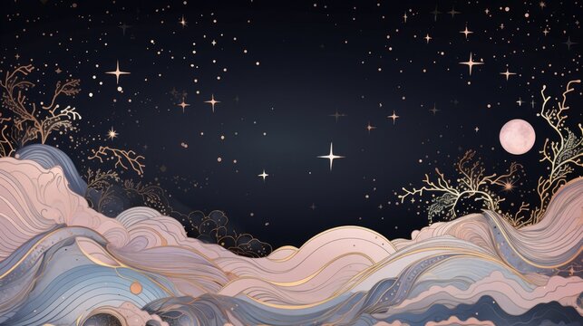 Celestial Pink blue abstract cosmic space universe background, fairytale magic card, horizontal banner. Modern AI illustration for astronomy Web design, tarot, wedding invitation, posters..