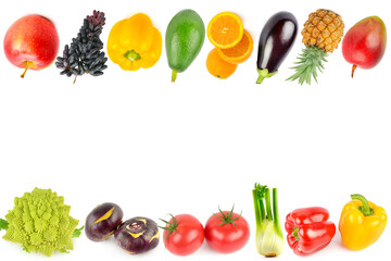Set of vegetables and fruits isolated on white. Collage. Free space for text.