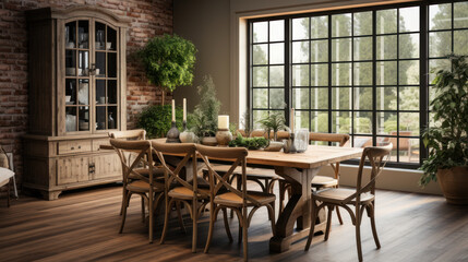 Fototapeta na wymiar Dining room with old chairs, chest of drawers, rustic decor