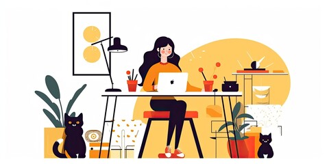Young woman with laptop at home, studying, communicating and ordering goods online, working remotely at computer. Vector illustration in flat style
