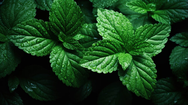 gros plan sur des feuilles de menthe verte avec la ros&eacute;e du matin