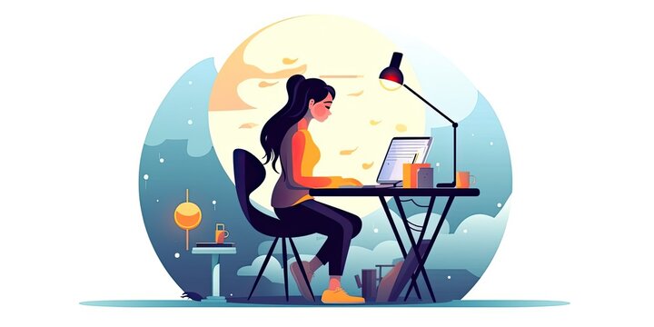 Young Woman With Laptop At Home, Studying, Communicating And Ordering Goods Online, Working Remotely At Computer. Vector Illustration In Flat Style