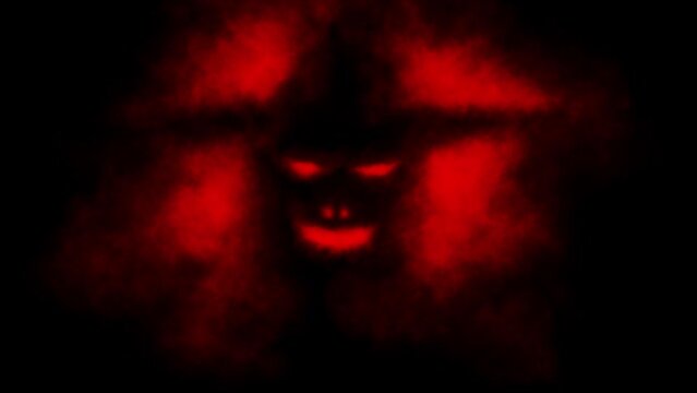 Evil scarecrow in big hat bloody 2D animation. Luminous mouth and eyes. Horror fantasy theme movie. Scary music clips and VJ loops. Red and black video for Halloween. Dark abstract motion graphics. 