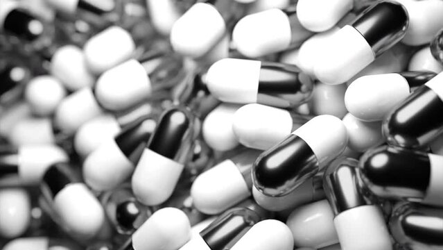 3D tablets move in heap. Design. Shiny parts of tablets in moving stream. Lots of 3d pills in animated background. Pharmacological animation with pills