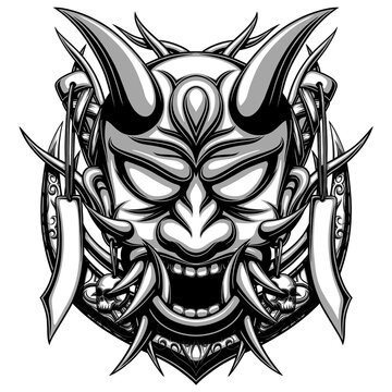 recommend clip art: Japanese samurai hannya oni mask line art hatch black white