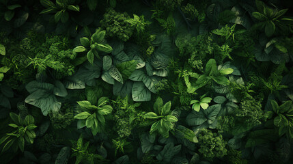 Overhead view of a forest canopy filled with green flora. - obrazy, fototapety, plakaty
