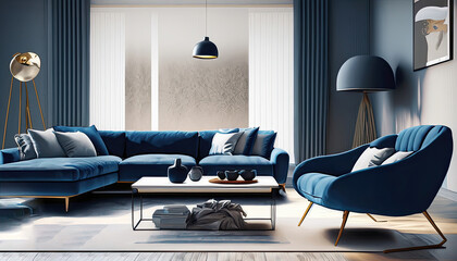 Dark blue sofa and recliner chair in scandinavian apartment. Interior design of modern living room background photo.