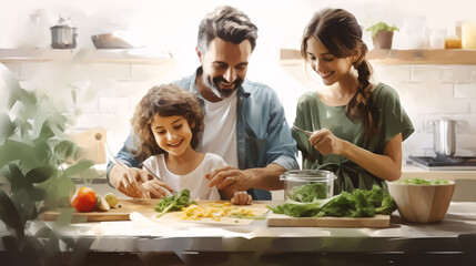 .A cheerful family comes together in the kitchen, working harmoniously to prepare a meal.