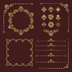 Vintage set of horizontal, square and round elements. Different brown and golden elements for backgrounds, frames and monograms. Classic patterns. Set of vintage patterns