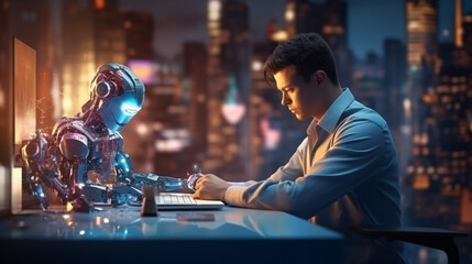 Man using tools AI. technology smart robot science and artificial intelligence technology, and innovation futuristic and global connection for providing access to information