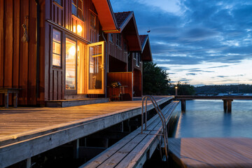 Scandinavian Illuminated Red Cabin with open doors on the wooden Pier late evening by the calm Ocean in Sweden West Archipelago. - obrazy, fototapety, plakaty