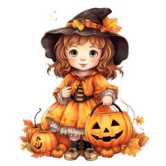 Kawaii little witch holding jack o lanterns in their arm in Halloween festival