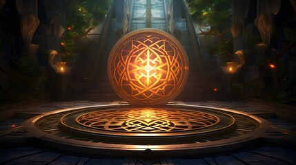 motif celtique circulaire lumineux dans un temple, généré par IA