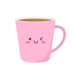 Happy cute smiling funny kawaii cup of coffee. Pink kawaii cup emoji. Isolated on a white background. Vector illustration in flat cartoon style.