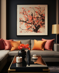 Stylish living room interior with mock up poster frame, nordic and contemporary style.