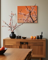 Stylish living room interior with mock up poster frame, nordic and contemporary style.