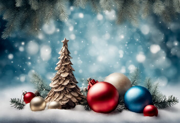 Fototapeta na wymiar Illistrazione natalizia, albero pigna con decorazioni di Natale sulla neve