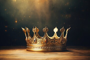 low key image of beautiful queen or king crown over glitter table. fantasy medieval period, Generative AI