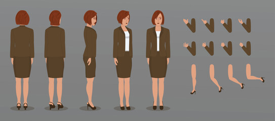 Cartoon female character kit. woman in casual clothing, different hands, legs poses and facial emotion. Characters constructor vector set