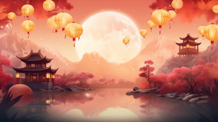 Full moon with traditional house and bright colored lanterns landscape celebrating background, Mid autumn festival colorful illustration horizontal background.